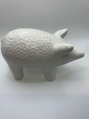 Ceramic Pig Fiddle + Fern Figurine Glazed Pottery Farmhouse Decor 10”